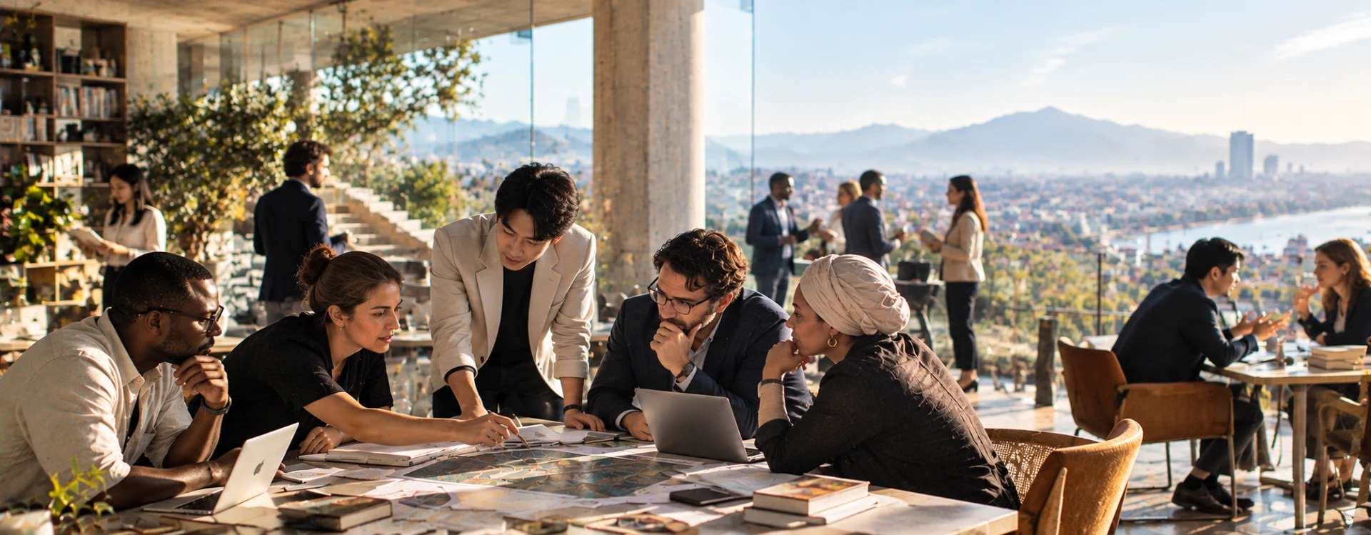 International professionals collaborating around a table overlooking a city