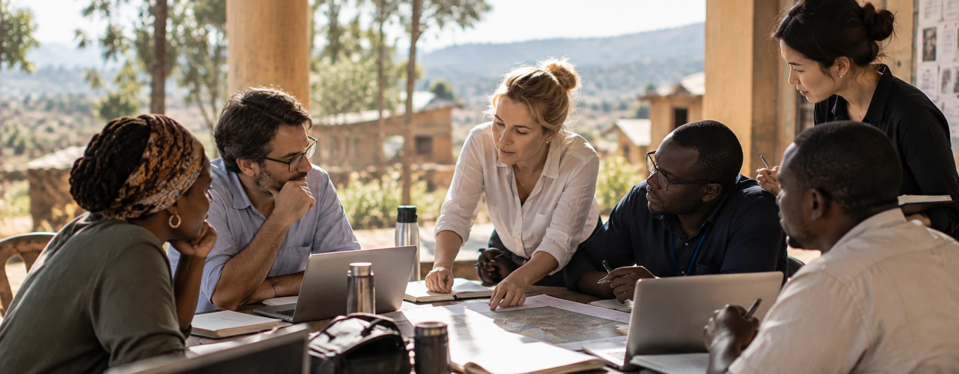 Illustrative image: an international team working together over maps and notes